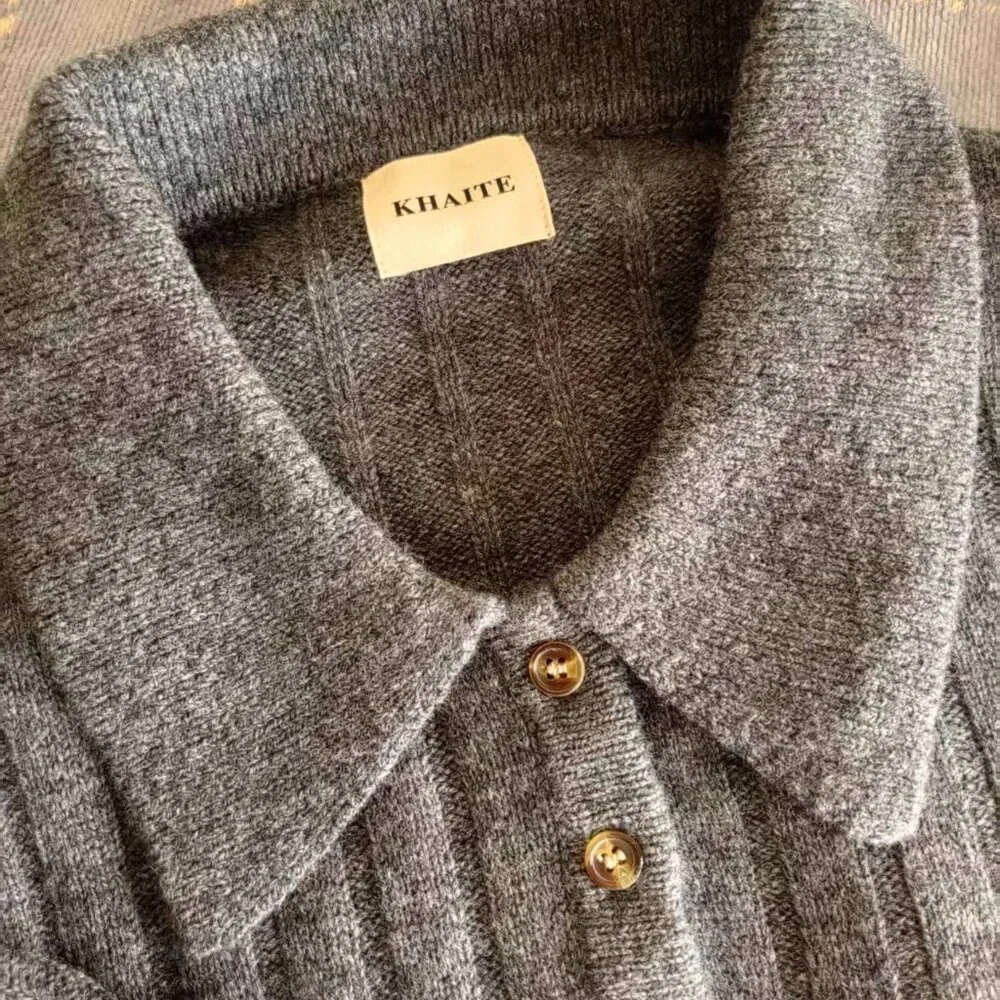 Khaite Gray Ribbed Polo Sweater - Timeless Elegance - Picture 3 of 4